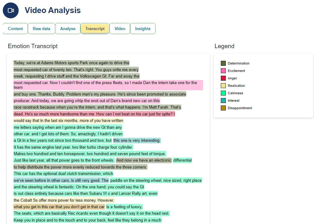 EchoDepth emotion transcript — words colour-coded by emotional state